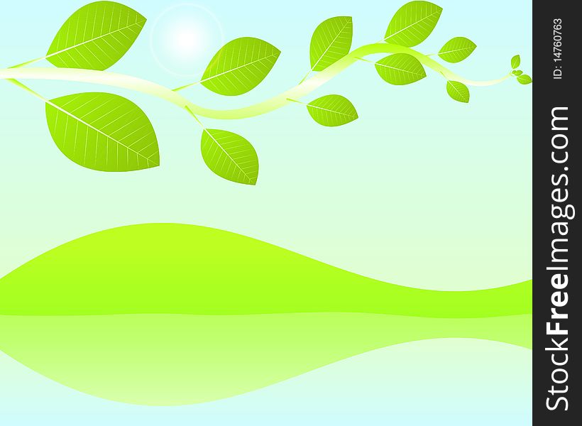 Illustration of green branch with leaves over nature background
