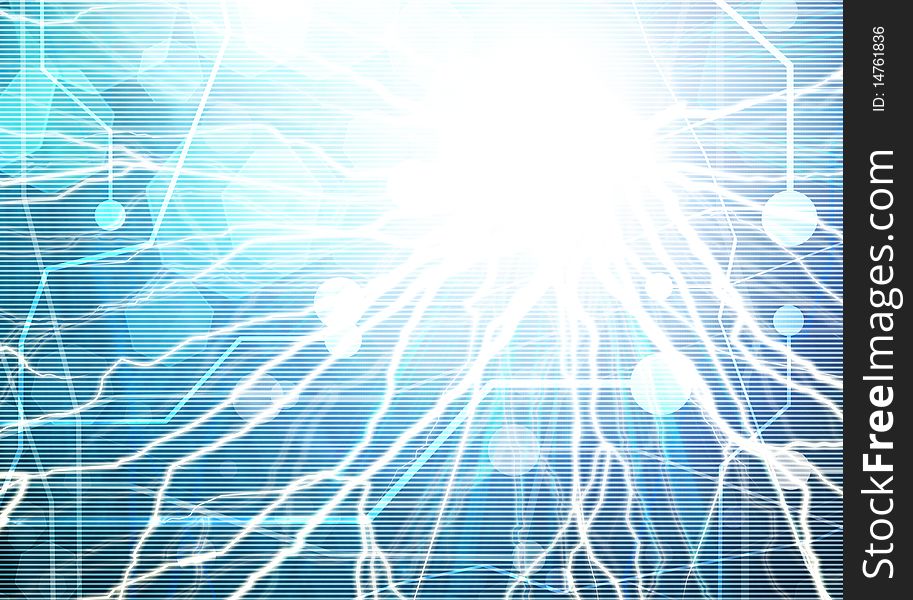 Computer motherboard on a blue background with a simulation of the light rays and glare