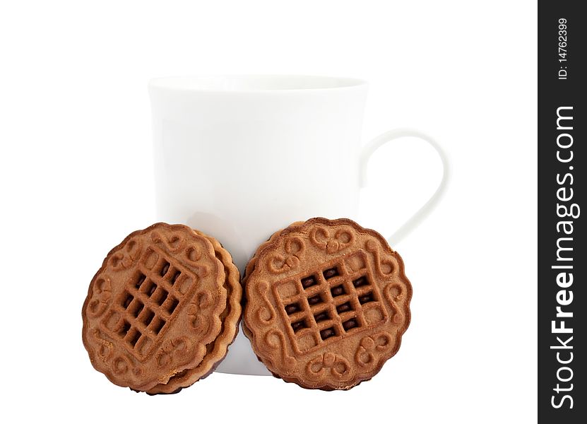 White cup with cookies on a white background