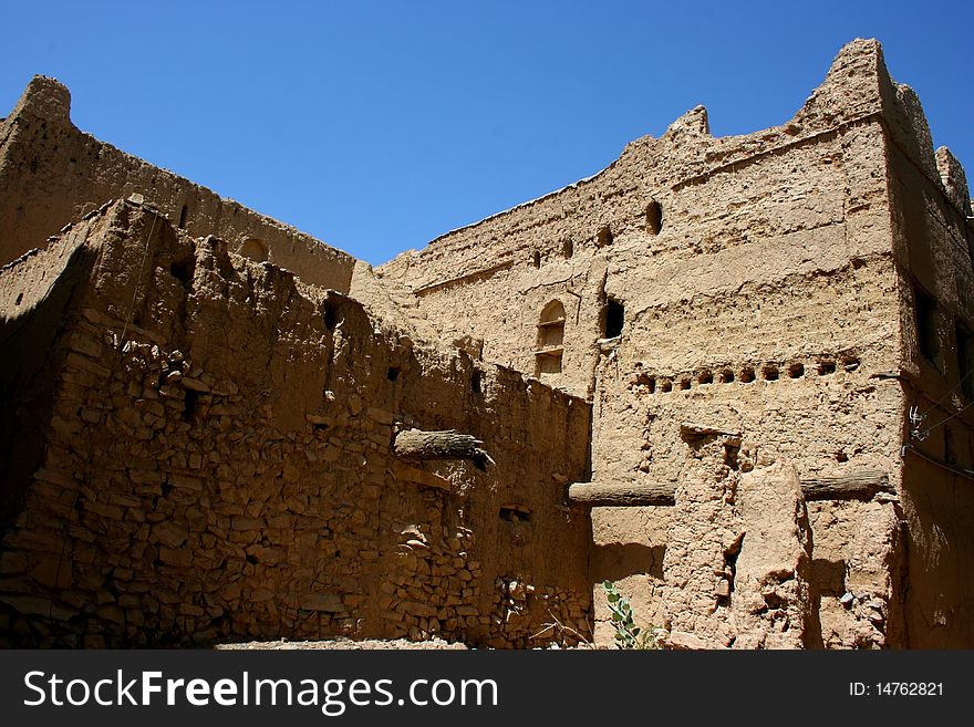 Ruins of old mudflat buildings in the city Biladt Sait in Oman
