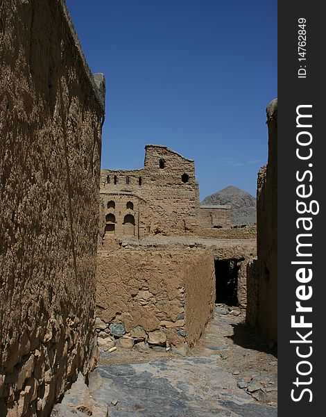 Ruins of old mudflat buildings in the city Biladt Sait in Oman