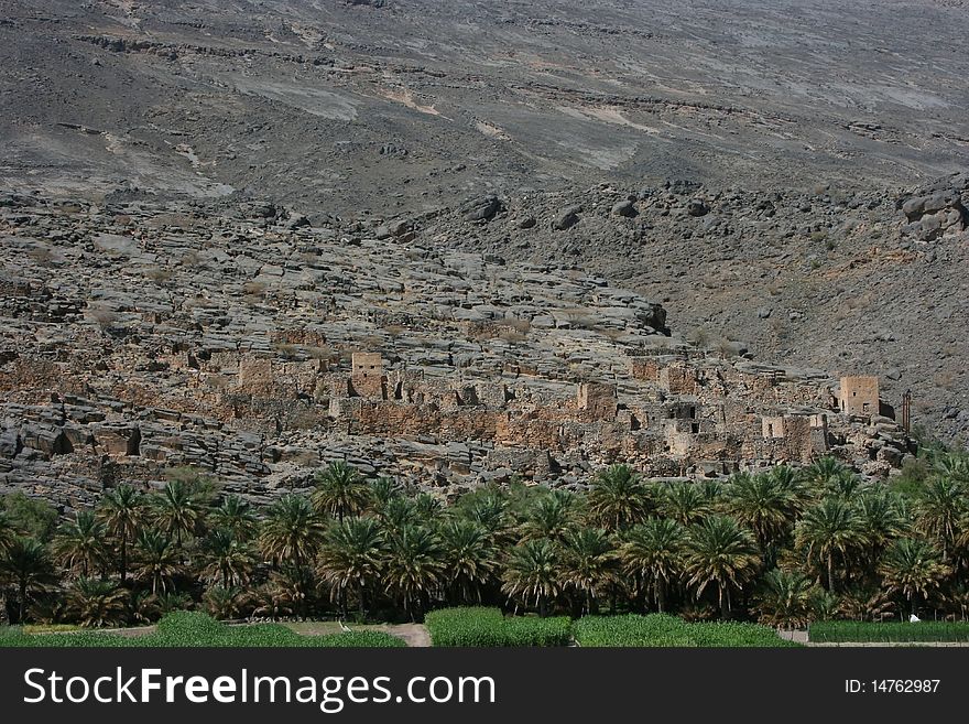 Ruins of old mudflat buildings in the city Biladt Sait in Oman