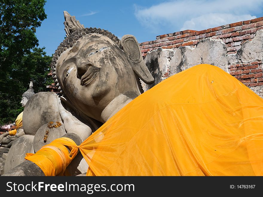 Reclining buddha in temple,Ayutthaya,Thailand