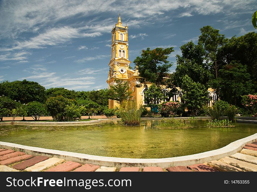 Yellow church and blue sky,Ayutthaya,Thailand