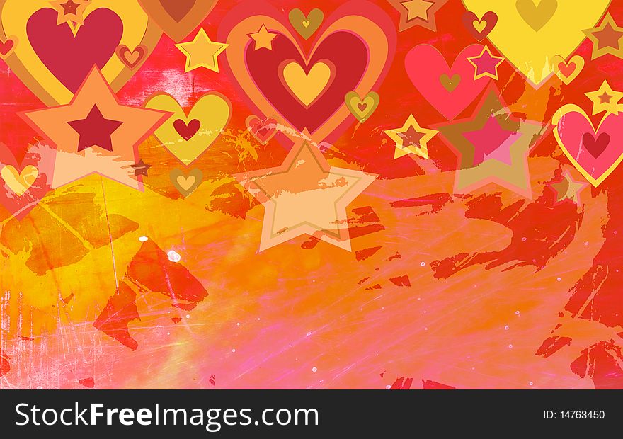 Abstract hearts and stars on the grunge background