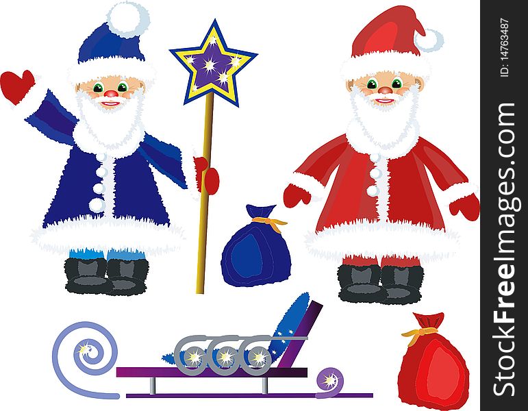 Two funny Santa Clauses with sled and bags,icons. Two funny Santa Clauses with sled and bags,icons.