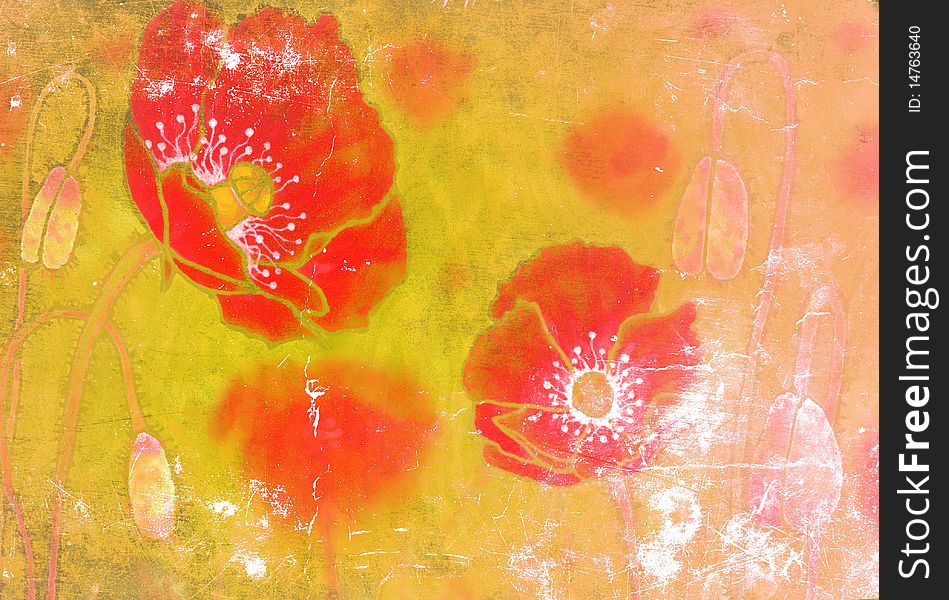 Poppies on the old grunge texture with some spots