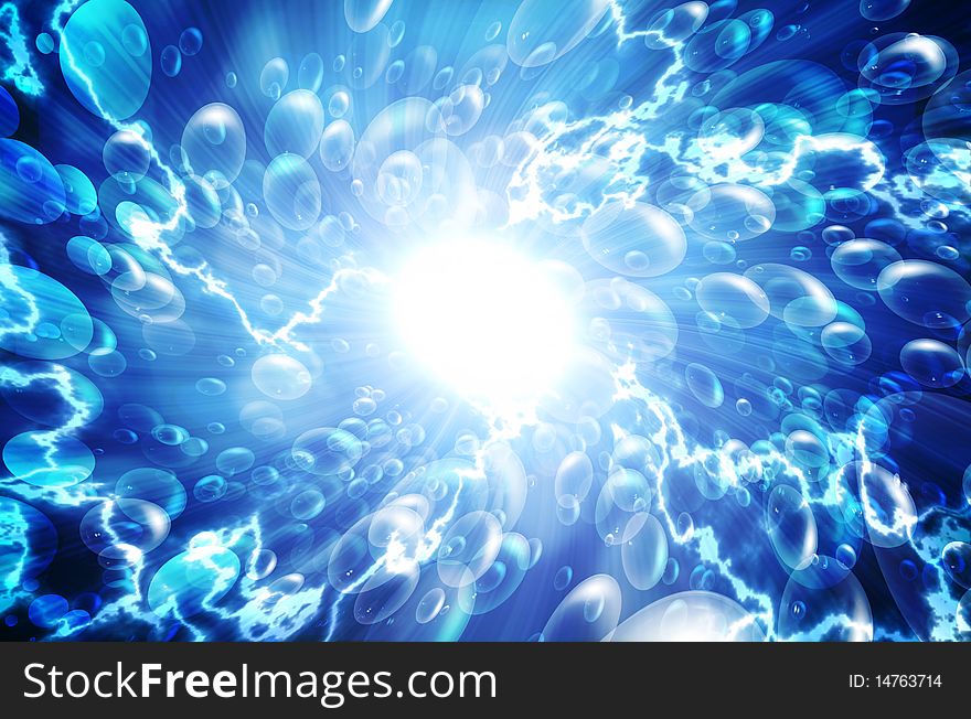 Bubbles in the blue water with lightning, abstract background