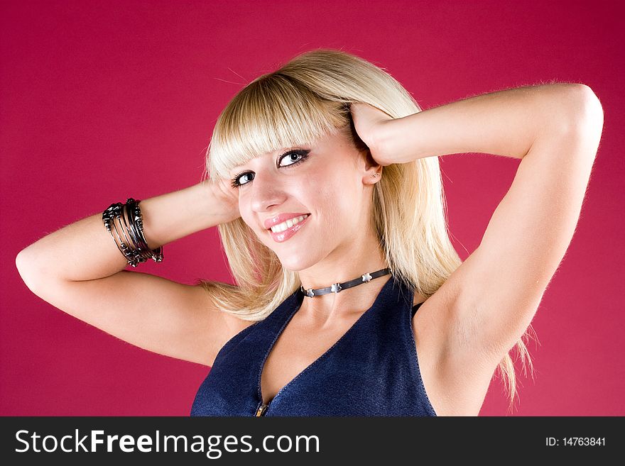 Image Of Friendly Blond Over Red Background