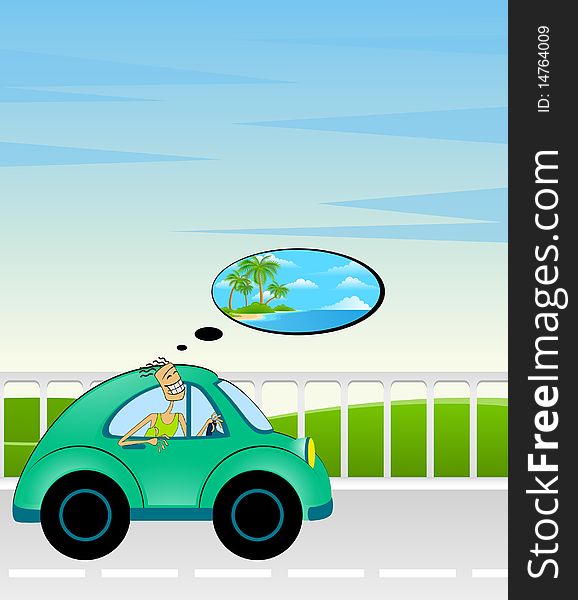 Cartoon car on a background summer landscape and men. Cartoon car on a background summer landscape and men