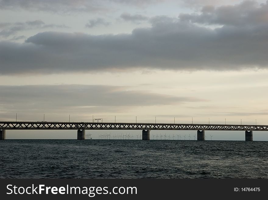 Oresunds bridge at sunset from the swedish side over to Denmark
