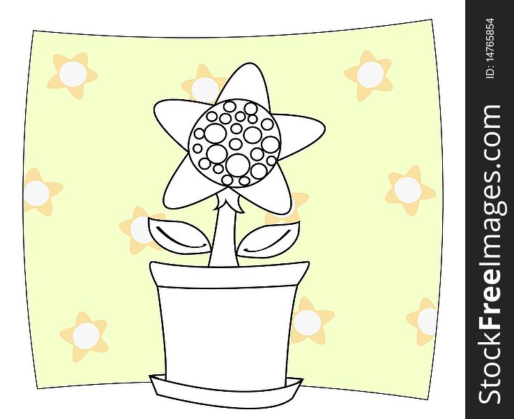 Sunflower in pot with floral background pattern isolated on white. This illustration could be used for coloring books.