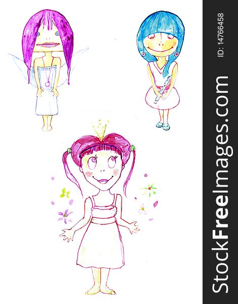 Three adorable hand drawn fairies with cute poses and expressions. Three adorable hand drawn fairies with cute poses and expressions