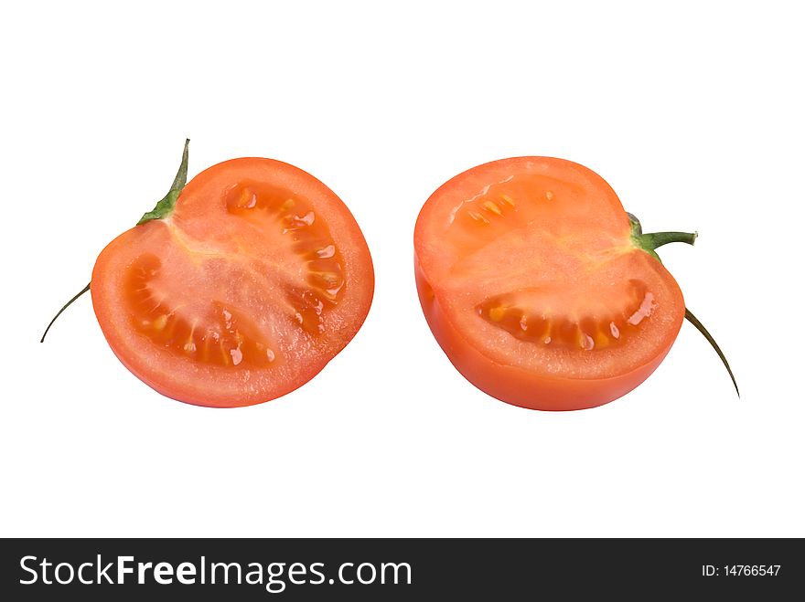 Two halves of red tomato, white background isolated. Two halves of red tomato, white background isolated