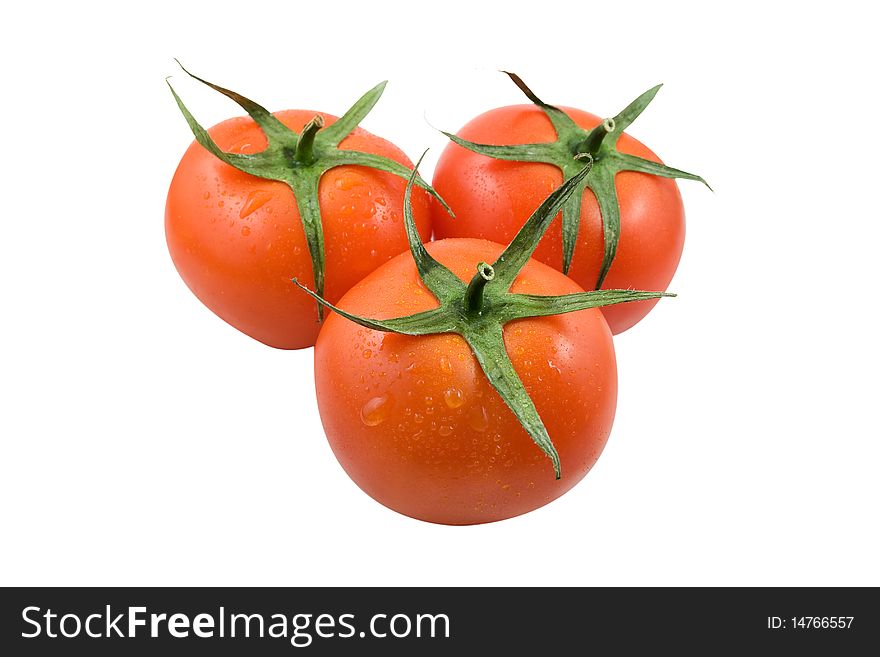 Three red tomatoes, white background isolated