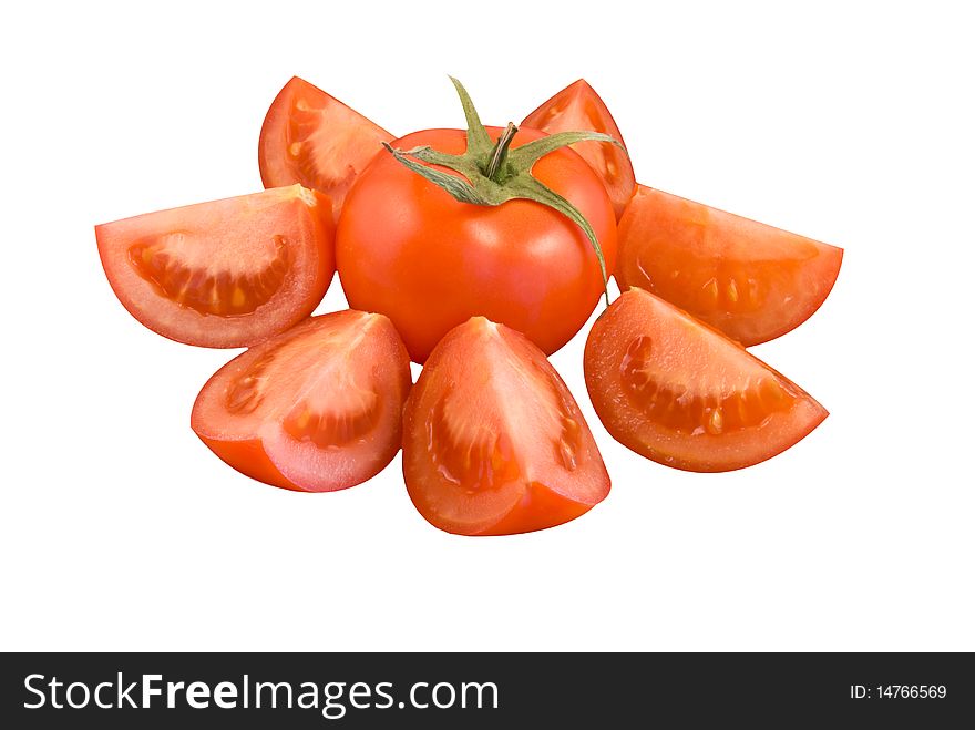 One red tomato surrounded by tomato quarters, white background isolated. One red tomato surrounded by tomato quarters, white background isolated