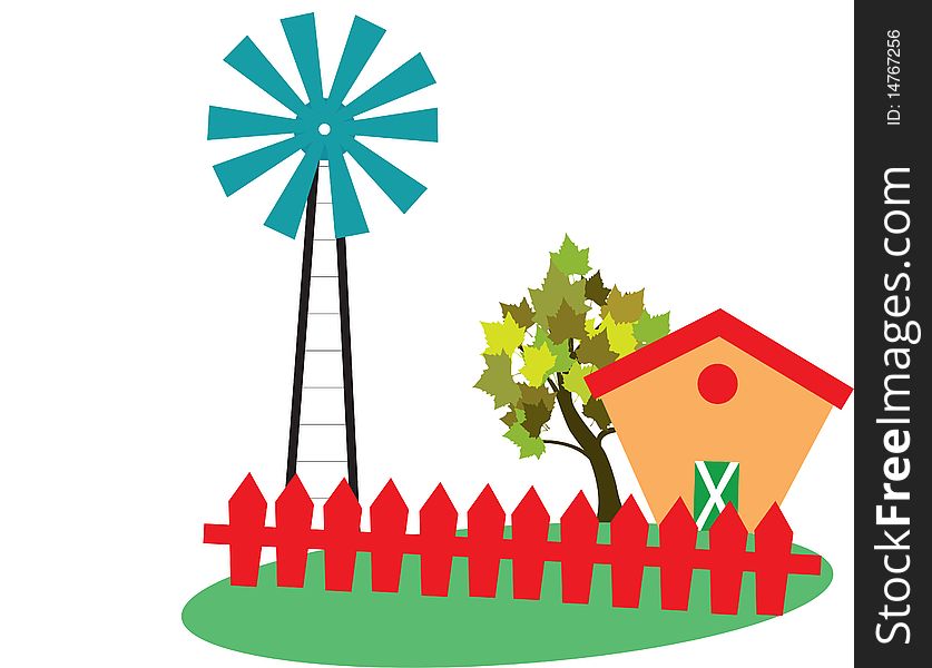 An illustration of landscape with house tree and wind mill. An illustration of landscape with house tree and wind mill