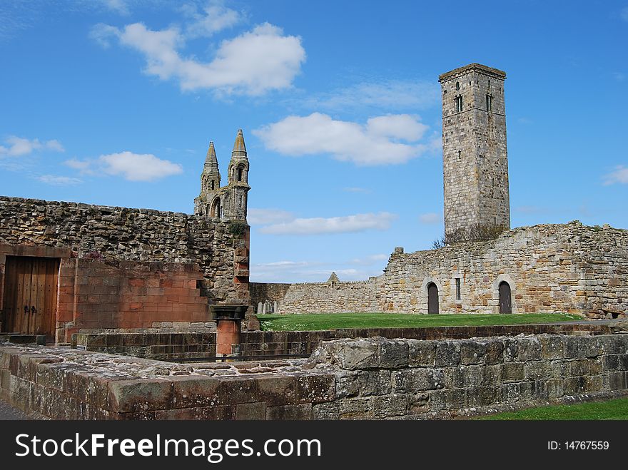 The towers of the old ruined cathedral at St. Andrews in Scotland. The towers of the old ruined cathedral at St. Andrews in Scotland