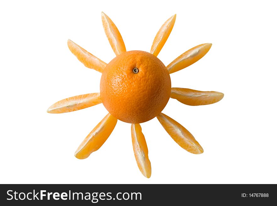 One Orange surrounded bi orange slices shaped as a sun, white background isolated. One Orange surrounded bi orange slices shaped as a sun, white background isolated