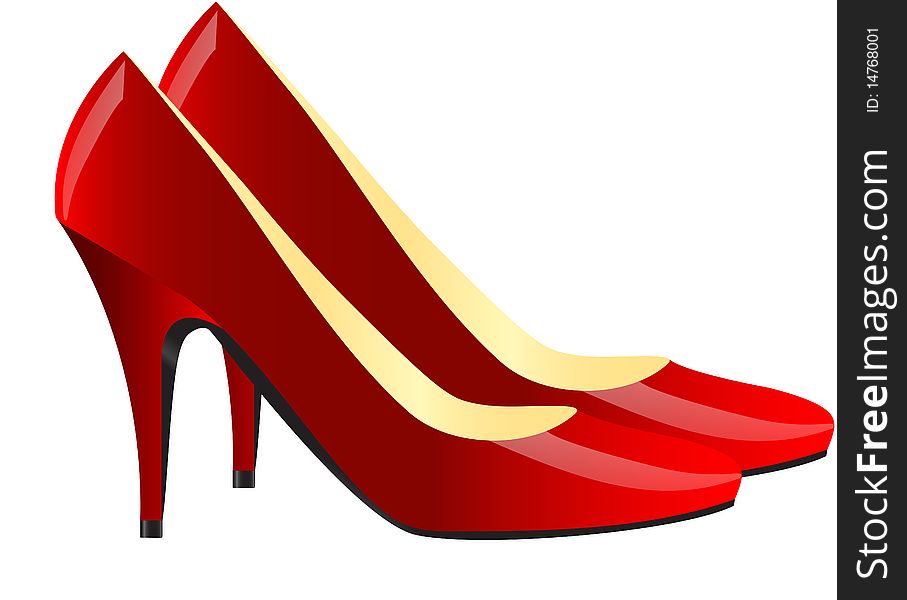 Realistic illustration of pair of modern red female shoes isolated over white
