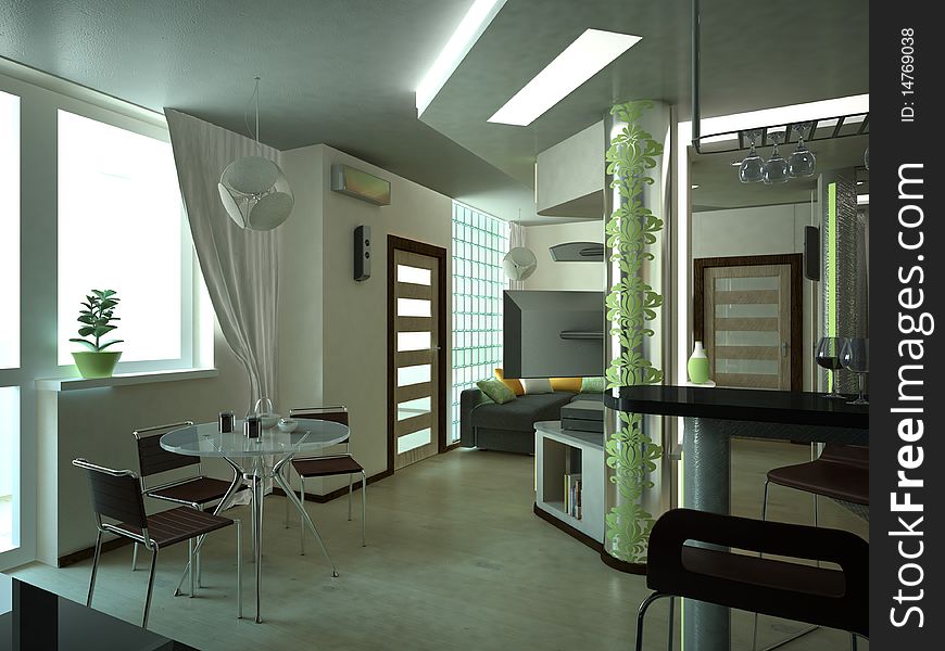 Illustration of the cozy interior of the kitchen in a furnished apartment