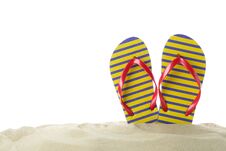 Free Flip Flops In Clear Sea Sand. Summer Stock Image - 147600381