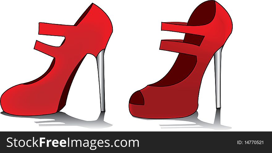 Red female shoes with chromed heel on white background. Red female shoes with chromed heel on white background