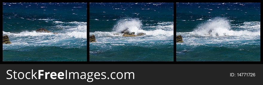 A serieshot of a wave smashing into a rock. A serieshot of a wave smashing into a rock