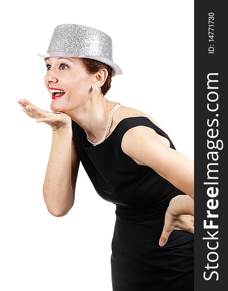 Burlesque exaggerated emotions expressed by middle-aged woman worn elegantly. Burlesque exaggerated emotions expressed by middle-aged woman worn elegantly
