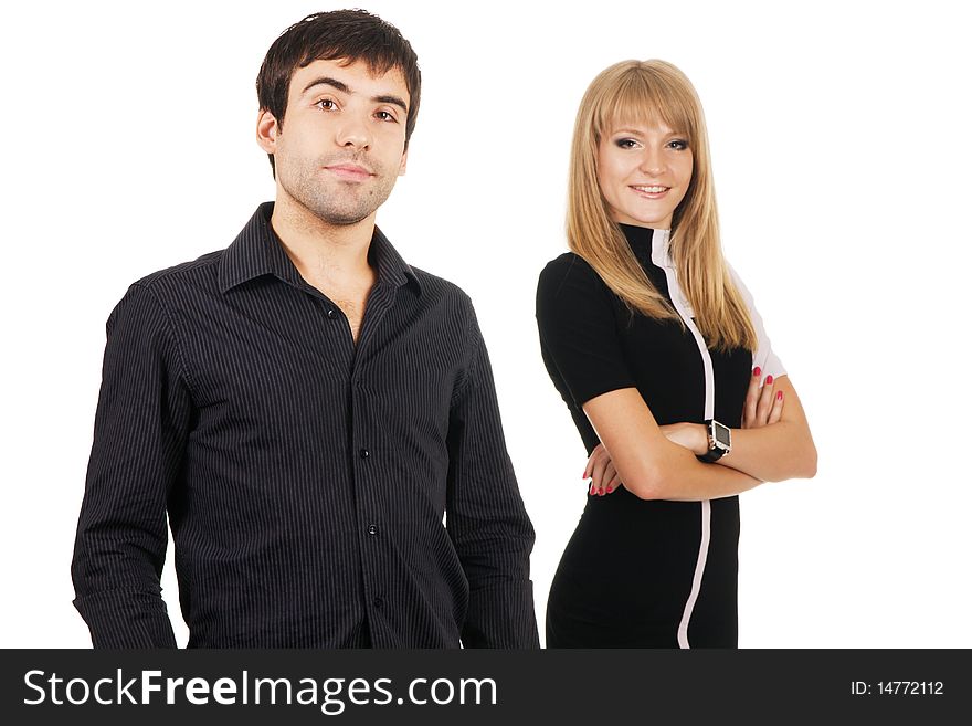 Beautiful young couple in casual clothing, white background