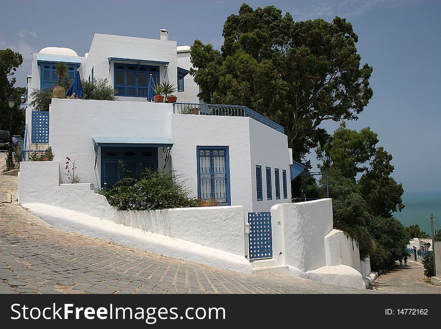 Typical posh villa in an exclusive village of Sidi Bou Said in Tunisia