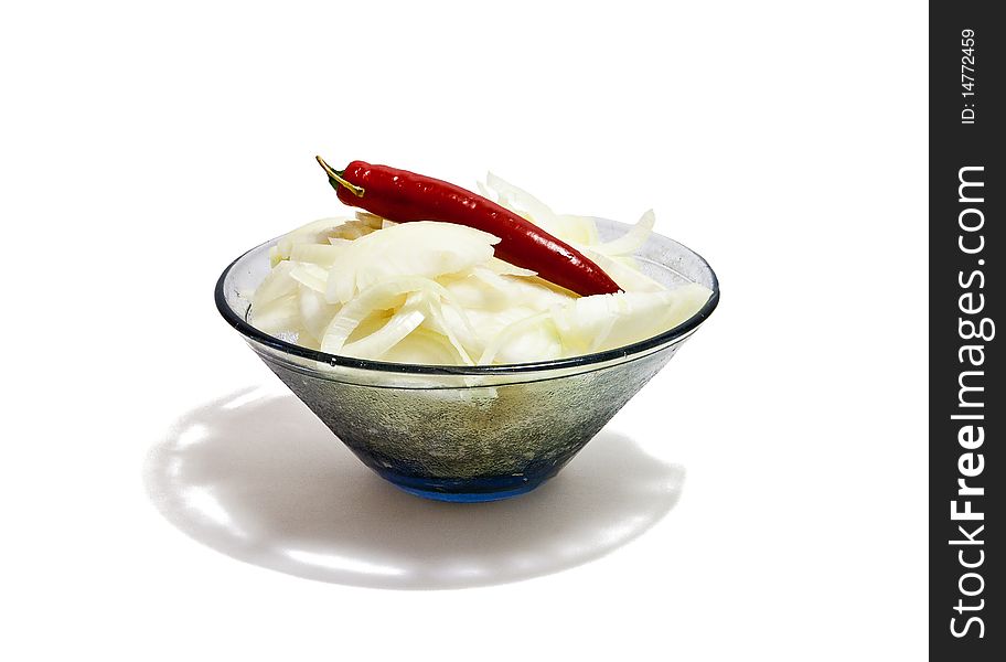 Bowl with chopped onion and red pepper. Bowl with chopped onion and red pepper