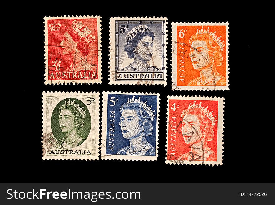 Vintage postage stamps from Australia with a young Queen Elizabeth II. Vintage postage stamps from Australia with a young Queen Elizabeth II
