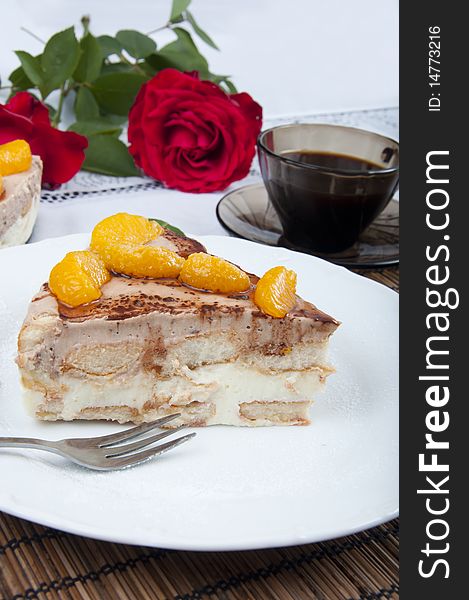 Not baked cake with fruits, rose, coffee. Romantic mood for lovers.