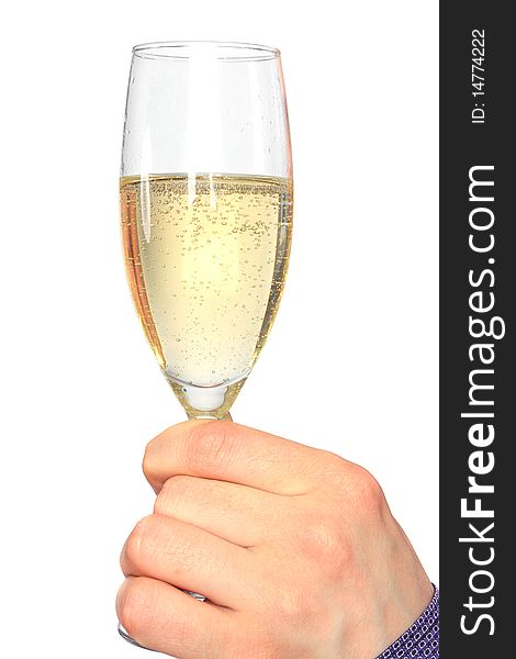 Hand holding glass of champagne isolated on white background