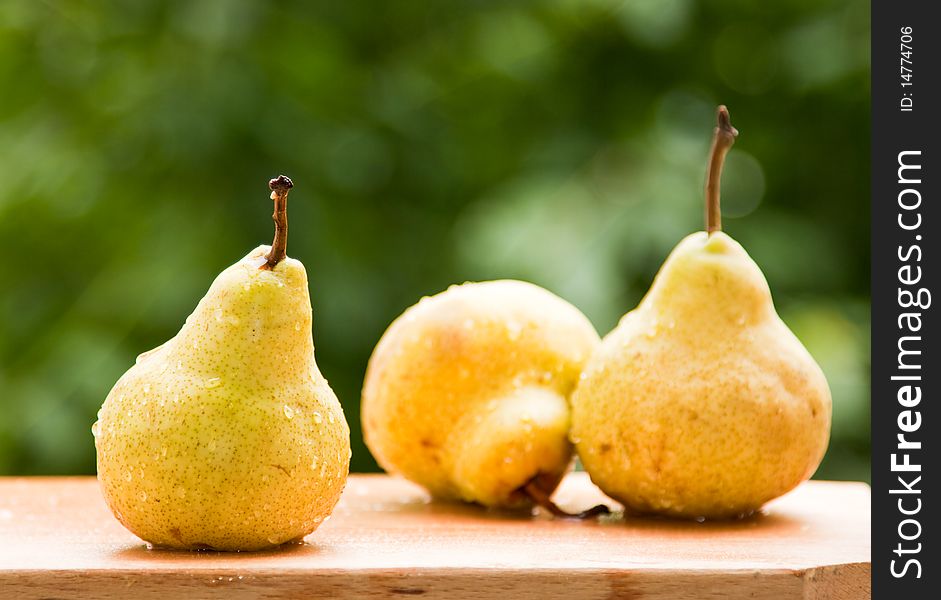 Fresh pears against green background