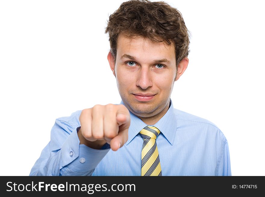 Young businessman points to You, studio shoot isolated on white background. Young businessman points to You, studio shoot isolated on white background