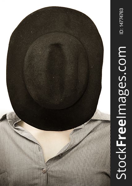 Woman with black hat covering face