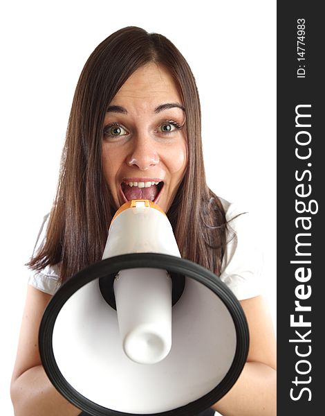 Portrait of a beautiful woman with megaphone, isolated on white