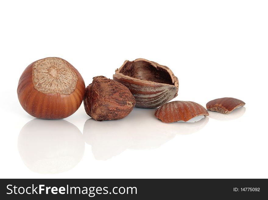 Hazelnut whole and cracked open with husks, isolated over white background with reflection. Hazelnut whole and cracked open with husks, isolated over white background with reflection.