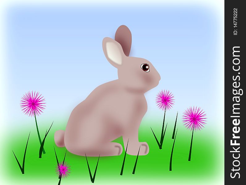 A rabbit sitting in a meadow with flowers. A rabbit sitting in a meadow with flowers.