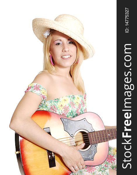 A beautiful woman sitting and playing the guitar in a light colorful short 
top and skirt and beige straw hat, for white background. A beautiful woman sitting and playing the guitar in a light colorful short 
top and skirt and beige straw hat, for white background.