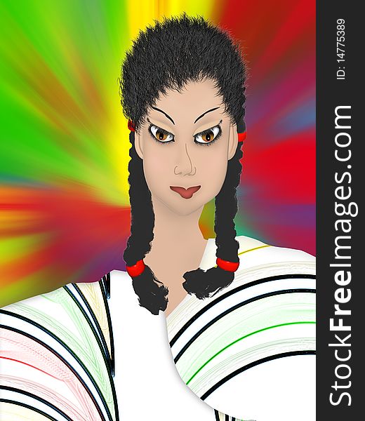 Young creole lady with almoud-shaped eyes on a colorful background. Young creole lady with almoud-shaped eyes on a colorful background