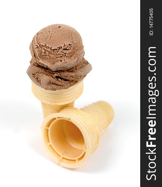 Chocolate icecream in an icecream cone isolated against a white background