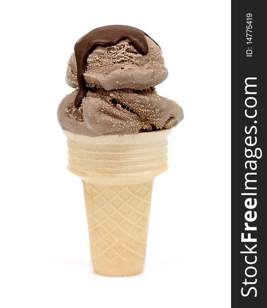 Chocolate icecream in an icecream cone isolated against a white background