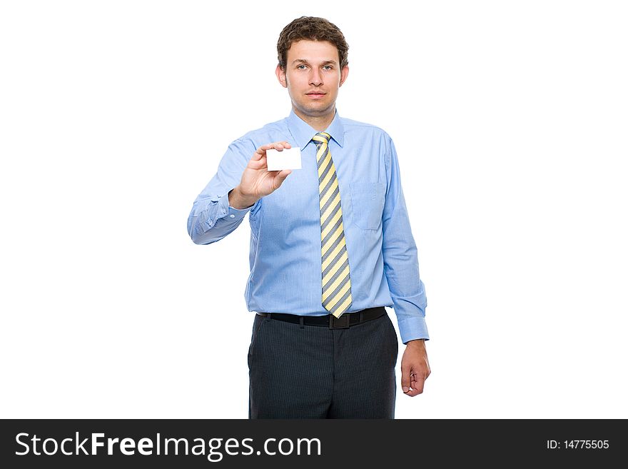 Young attractive businessman shows his business card, white empty copy space, studio shoot isolated on white background. Young attractive businessman shows his business card, white empty copy space, studio shoot isolated on white background