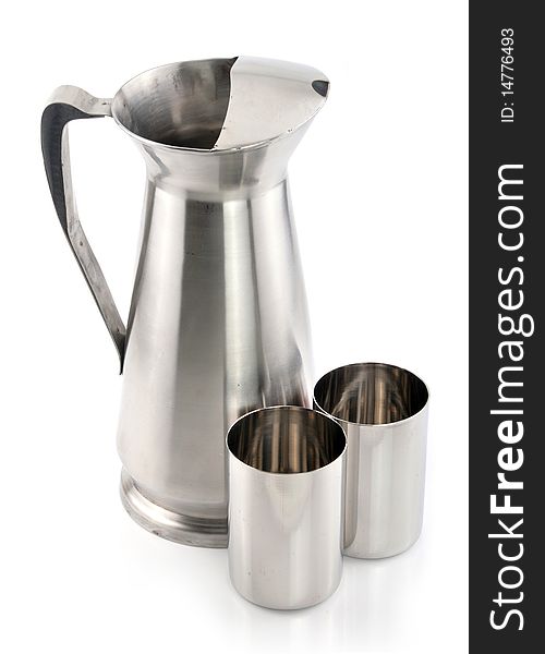 Stainless steel silver mugs on isolated background. Stainless steel silver mugs on isolated background