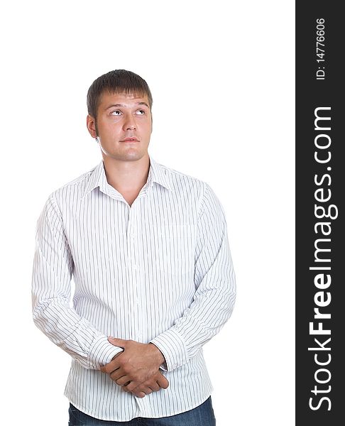 Portrait serious young man on a white background