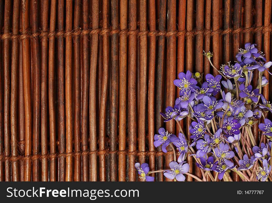 Violet flowers on a brown wooden mat. Background