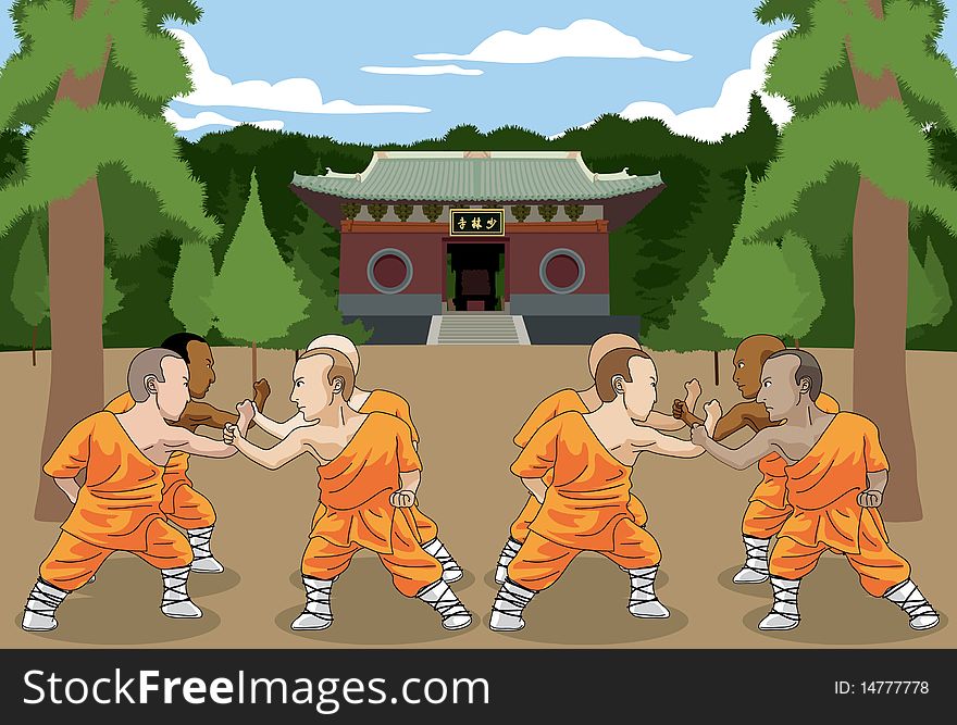 Shaolin kung fu practice scene. Shaolin kung fu practice scene